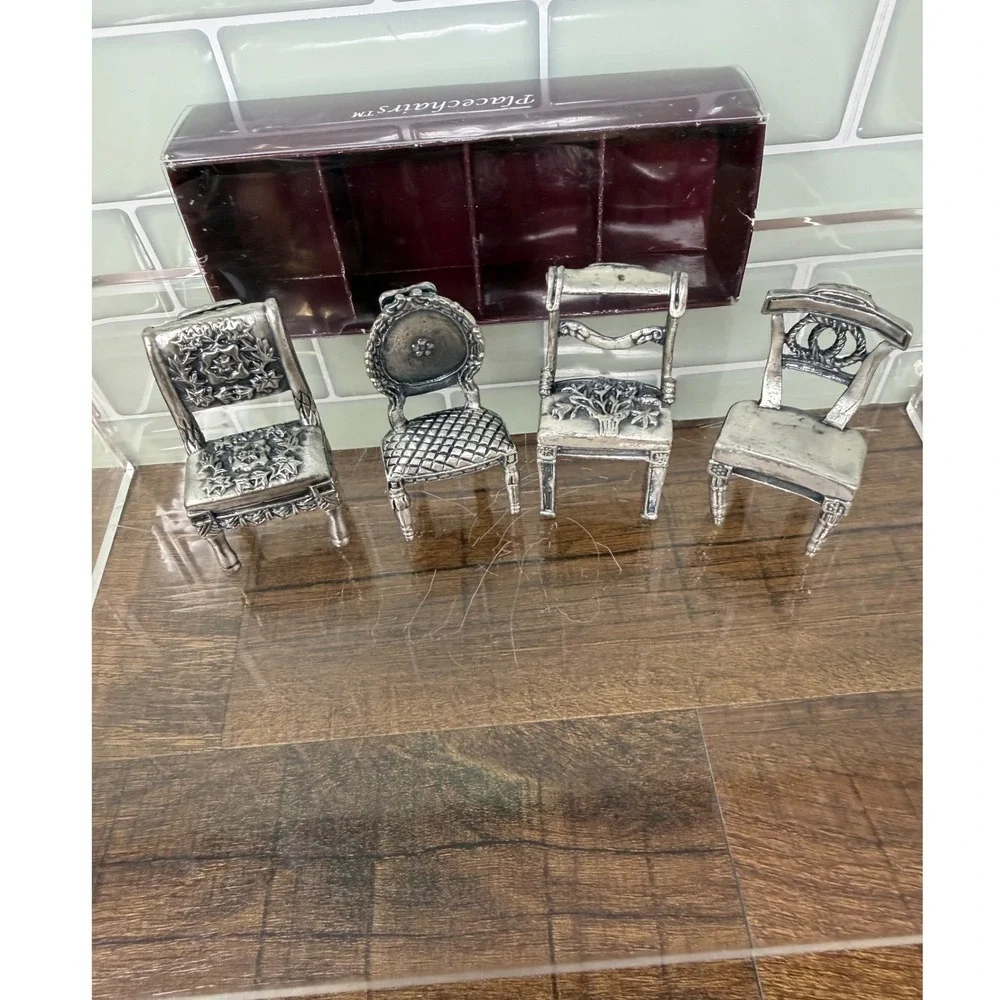 VTG Sixtrees Pewter Miniature Chairs Place Card Holders Set 8 Orig Box